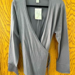 NWT J.Jill gunmetal gray silk and wool sweater with silk accents on cuffs.